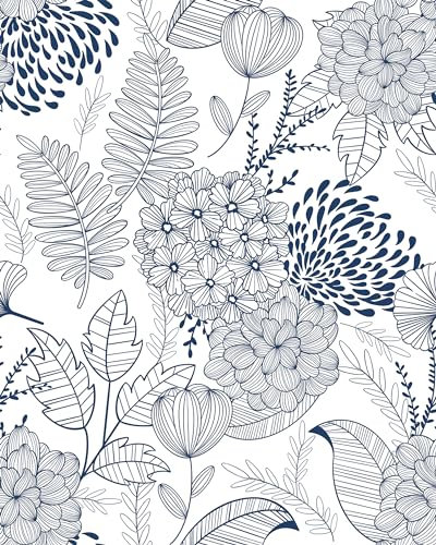 MelunMer Floral Peel and Stick Wallpaper Boho Leaf Contact Paper for Cabinets Modern Flower Wallpaper for Bedroom Removable Self-Adhesive Wallpaper for Bathroom Waterproof Blue and White 17.3''×197''