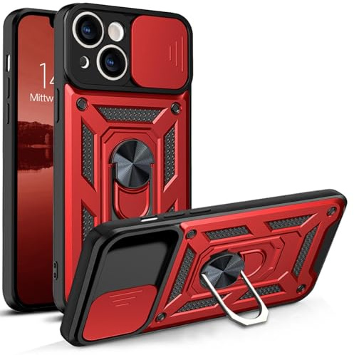 LBH Armor Hülle kompatibel mit Apple iPhone 13 Case mit Kameraschutz Outdoor Stoßfest Handyhülle 360 Grad Metal Ring Halter Ständer Schutzhülle für Handyhalterung Auto Magnet Rot
