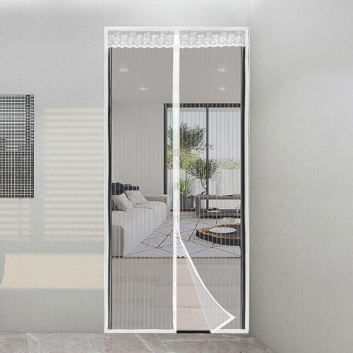 ASAB Magnetic Fly Screen Door Durable Nylon Mesh Fly Screen for Doors Magnetic Secure Seal Closure Dust Blocker Easy to Install Wind Resistant Fly Curtain for Doors Pet Friendly Keeps Bugs Out (White)