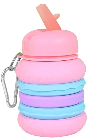 IZEL Collapsible Water Bottle BPA Free Silicone Reusable Leakproof Safe Drinks Bottle 20oz Camping Running Home Gym Sports Hiking Cycling Football Travel Girls Boys (Hamburger Style-Pink/Blue/Purple)