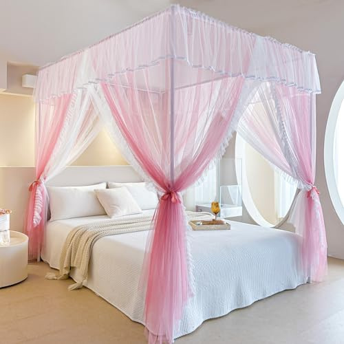 AIKASY Betthimmel-Vorhang mit 4 Ecken, doppelschichtig, gemütlich, Drapiernetz mit 4 Öffnungen, elegantes Moskitonetz für Mädchen und Erwachsene, Schlafzimmer-Dekoration (Rosa, voll)