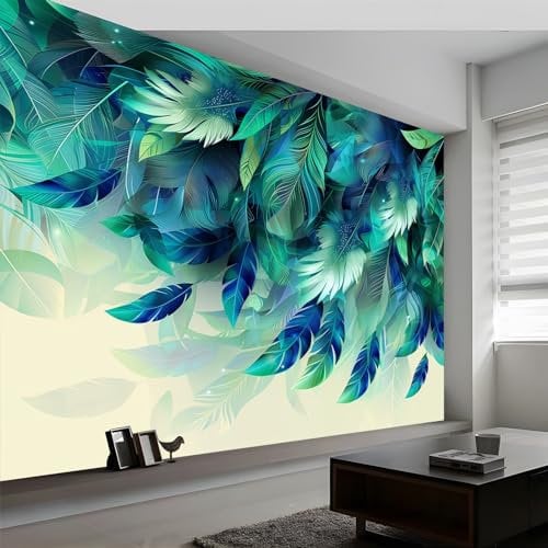 Wall Mural Blue-Green Photo Wallpaper Mural 200 x 140 cm (WxH), Abstract Color Feather Leaves Photo Mural Decor for Living Room, Bedroom, Office and Kids Room, Easy to Install