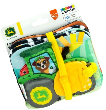 Lamaze John Deere Buch Reise vom Bauernhof zum Tisch | Weiches Babyklappbuch mit farbenfrohen und schwarz-weißen Seiten, Knister- und Quietschgeräuschen, Bändern und Beißspielzeug | ab 6 Monaten
