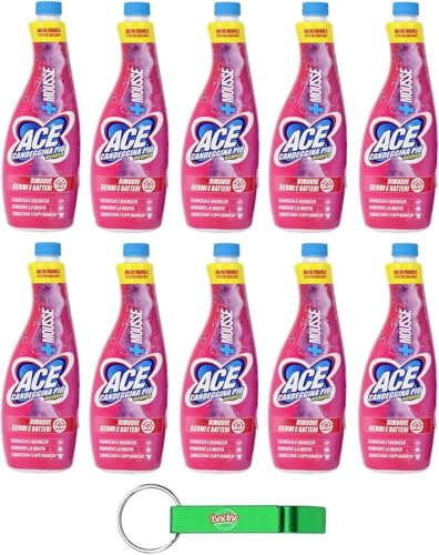 10 x ACE Candeggina + mousse – sgrassa le superfici della casa e le macchie più ostinate sul bucato, bottiglia di ricarica da 700 ml + portachiavi Beni Culinari