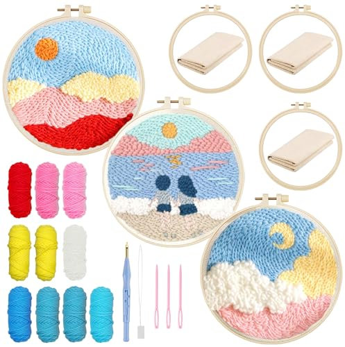 Allazone Punch Needle Stickerei Set für Anfänger, Stanznadel Stickerei Starter Kit mit Garnen, Stickrahmen, Einfädelwerkzeug und Anleitung, Himmel und Ozean Muster