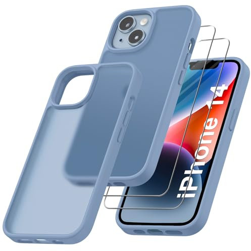 Qasyfanc Handyhülle Kompatibel mit iPhone 14, Hülle mit Kameraschutz und 2 Stück Schutzfolie, Hard PC Nie Vergilbung Case Matt Militärschutz Kratzfest rutschfest Schutzhülle, Hellblau