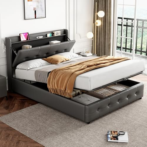 BTM Upholstered Double Bed with Concealed Headboard, 4FT6-135x190cm (No Mattress), USB & Type-C Charging Station, LED Light, PU Leather Frame