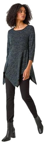 Roman Originals Women Asymmetric Top Ladies Hanky Hem Blouse Stretchy Tunic Occasion Smart Casual Summer Sprint Winter Autumn Cocktail Party Evening 3/4 Short Sleeve - Green Black - Size 12