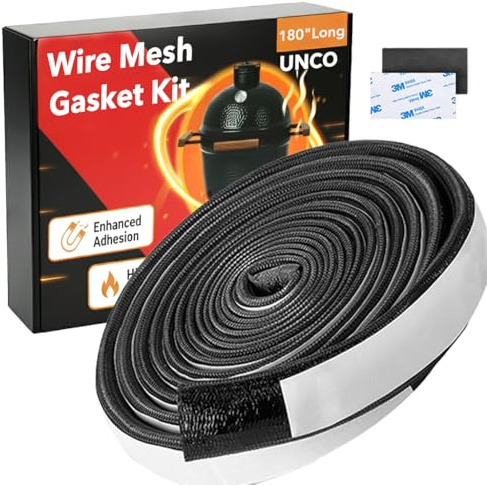 UNCO- Smoker Gasket, 15 Ft, 1/2X1/8, Grill Gasket, Wire Mesh Gasket Kit Fit Kamado Big Grill Joe High Temp Fiberglass Gasket Replacement BBQ Smoker Gasket Self Stick Felt 180 in Long