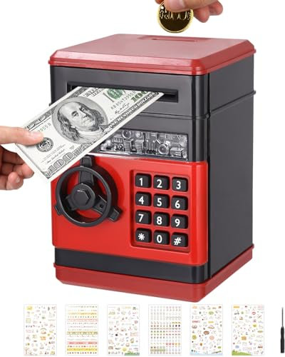 Birshe Elektronische Spardose Safe,Passwort Spardose für Kinder Number Bank Elektronische Geldbank Automatische Papiergeldrolle mit Niedliche Aufkleber Geburtstagsgeschenk für Mädchen Jungs Rotschwarz