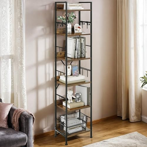 YITAHOME Bücherregal mit 6 Ebenen, Industrielles Standregal, Metallrahmen und Holzregale, Hohes Lagerregal mit 4 Haken, Präsentationsorganizer, für Wohnzimmer, Heimbüro, Vintagebraun Regal