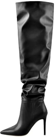 Meinabsatz Damen Klassische Stiefel Weitschaft Stiletto Spitze Overknees Zipper Boots Schlupfstiefel PU Schwarz 40 EU