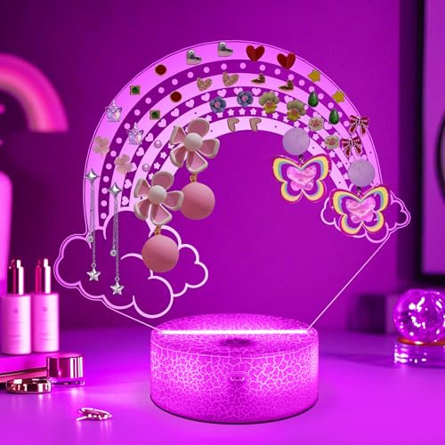CoolGift Mart Portaorecchini – Arte 3D arcobaleno con 53 fori e stravagante illuminazione del cielo | Display remoto a 16 colori e timer intelligente dell'umore | Organizer da scrivania in acrilico