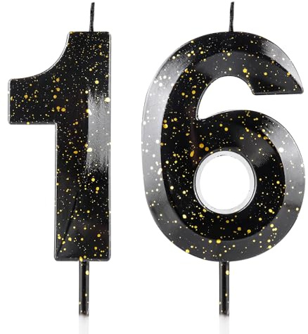 Geburtstagskerzen zum 16 Geburtstag, 3D, Schwarz/Gold, Premium-Wachs und 3D-Diamant-Design, Kuchendekoration, Dekoration für Geburtstagsparty, Hochzeitstag, Feier, Zubehör