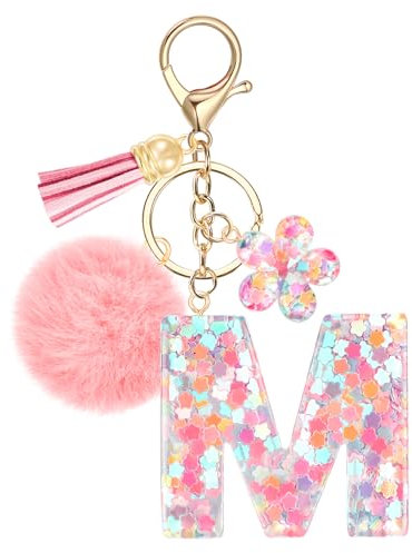 JSRQT Portachiavi con Iniziale M Rosa per Donne Ragazze, Nome Portachiavi Lettere dell'alfabeto in Resina a Fiore con Ciondoli a Pompon, Carino Ciondolo alla Moda Key Chain per Borse e Zaini