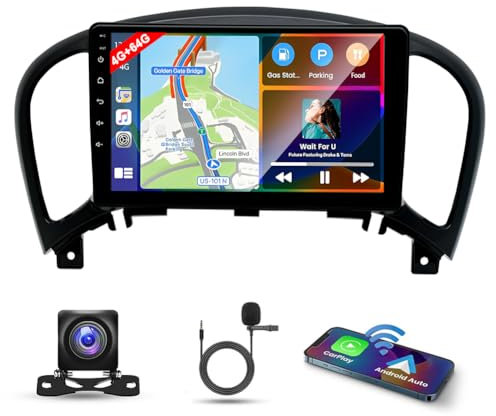 4G+64G Android 14 Double Din Car Stereo for Nissan Juke 2010-2014 9 Inch HD Touch Screen Car Radio Receiver w/Carplay Android Auto GPS Navigation Wifi Bluetooth FM/AM/RDS Radio SWC Backup Camera Mic