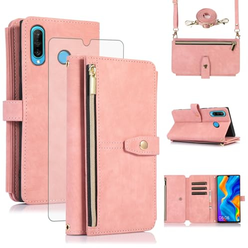 Asuwish Handyhülle für Huawei P30 Lite Hülle mit Band Folie Schutzfolie Kartenfach Klappbar Leder Geldbörse Ständer HuweiP30Lite Hawaii P 30 Nova 4E MAR-LX1A MAR-LX1B Handy Hüllen Phone Case Rosa