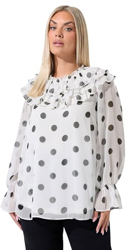 Yours Limited Collection Curve Polka Dot Frill Neck Blouse - Women's - Plus Size Curve White