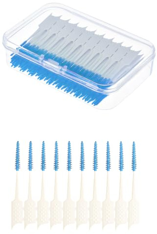 200 PCS Interdental Brushes, Dual-Use Silicone Dental Floss Sticks for Oral Cleaning, Portable Tooth Gap Brush Picks for Teeth, Braces, Implants, Blue Dental Picks with Travel Storage Box