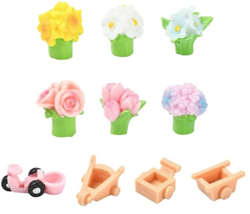 Stiesy 40 Pcs Resin Flower Cart Sets Miniature Floral Figurines Garden Decor for Fairy Garden Terrarium Landscape Dollhouse Display Accessories