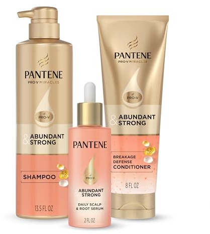 Pantene Abundant & Strong 3-Piece Regimen with B5 Complex + Niacinamide, Shampoo (13.5 oz), Conditioner (8 oz), Serum (2 oz) for Hair Loss, Thinning, Anti-Breakage, Volume - Grows Healthier