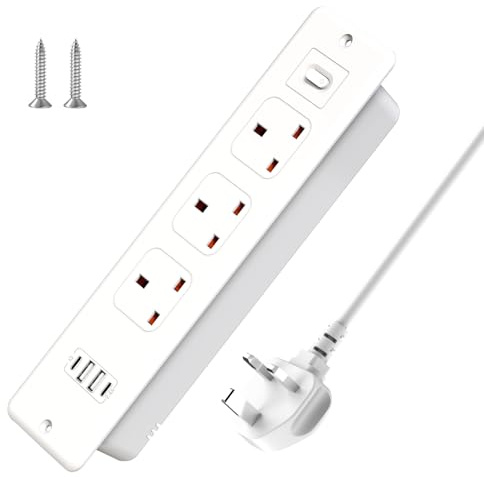 HITRENDS Recessed Power Strip with USB, Recessed Power Socket with 3 Outlets 2 USB A 2 USB-C Ports, 1.8M Extension Lead with Switch, Hidden in the Furniture Desk Table, White