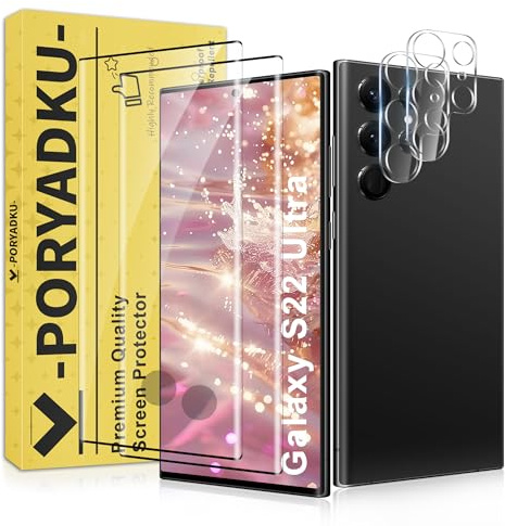 JavoYion 2+2 Pack Tempered Glass Screen + Camera Protector for Samsung Galaxy S22 Ultra Screen Protector, Bubble-Free, Fingerprint Compatible HD Clear