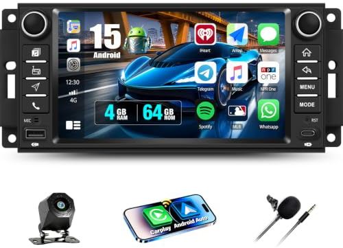 CAMECHO 4+64G 7 Zoll Android 15 Autoradio für Jeep Wrangler Dodge Challenger Compass, Navi Radio Bluetooth mit GPS WiFi Wireless Carplay Android Auto RDS FM Mirror Link +Rückfahrkamera