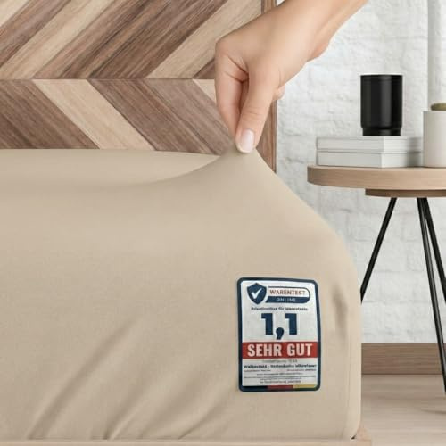 Wolkenfeld Spannbettlaken 140x200cm bis 160x200cm aus 100% Baumwolle, Oeko-TEX® Zertifiziert – Weiches Jersey Spannbettlaken 160x200 für Matratze und Topper bis 20 cm – Beige