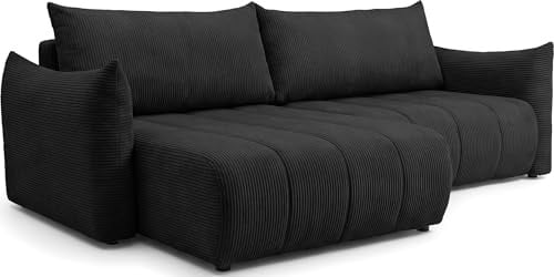 WFL GROUP Ecksofa mit Schlaffunktion & Bettkasten – Skandi 4-Sitzer Schlafsofa in L-Form – Freistehende Eckcouch, Ottomane Links oder Rechts Montierbar – Liegefläche 220 × 145 cm – Cordstoff Schwarz