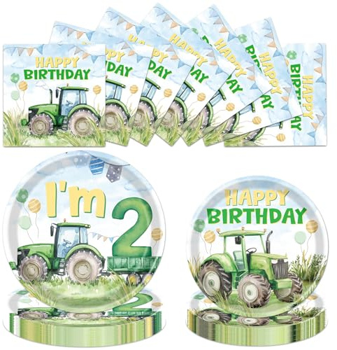 YOMOVER Traktor Geburtstag Deko 2 Jahre Junge, 72 Stück Traktor Geburtstag Pappgeschirr Deko, 2. Traktordeko Pappteller Servietten Geschirr Dekoration