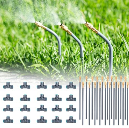 Sistema di irrigazione automatico a 360° per tubi da 6 mm, irrigazione a goccia, 20 testine di spruzzo + 20 connettori a T, per aiuola rialzata, prato, serra, terrazza, piante in vaso da balcone