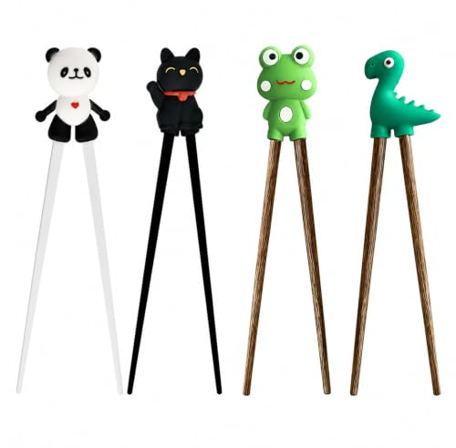 4-Pair Chopsticks Set, Animal Shape Training Chopsticks with Panda, Black Cat, Frog and Dinosaur Designs, Beginner Chopsticks for People Learning to Eat Asian Noodles