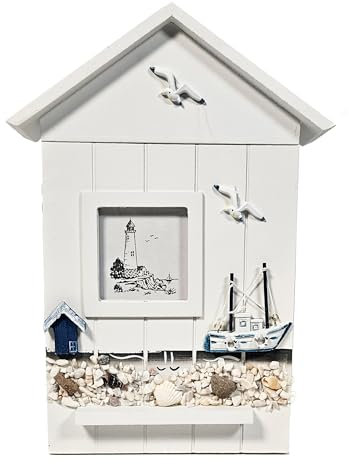 Yudu Schlüsselkasten Schlüsselschrank Maritim Seevögel Muscheln mit Bilderrahmen und 6 Haken (01)