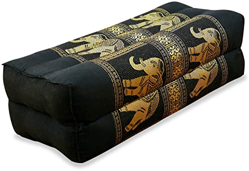 livasia Block Yogakissen eckig Thaiseide - 17x34x12cm - Meditationskissen Kapok, Stützkissen rechteckig, Yoga Pilates Zubehör Nackenkissen, Thaikissen fest handgefertigt (Schwarz/Elefanten Seide)