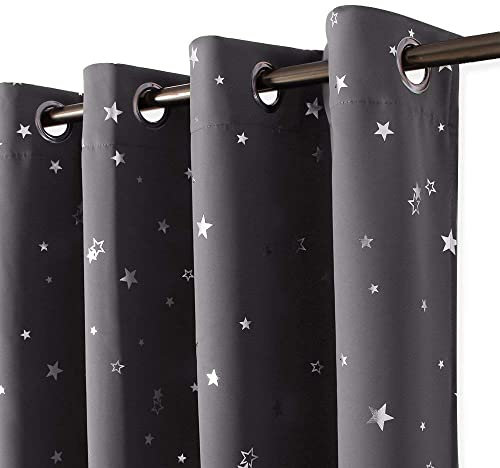 PONY DANCE Star Blackout Curtains with Eyelets - Grey Curtains for Boys Foil Printed Pattern Kids Thermal Insulated Curtains for Kids Children Bedroom/Bay Window, 52 x 63 inch, 2 Panels