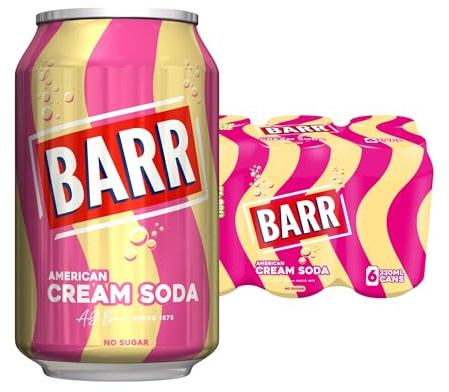 Barr Cream Soda Zero Sugar Sparkling Soft Drink, 6 Pack, 330ml Cans | Smooth and creamy vanilla-style carbonated soda with a sweet, velvety finish.