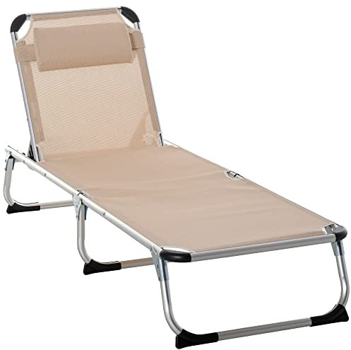 Outsunny Chaise longue pliante d'extérieur inclinable avec coussin Cadre en aluminium Repose-pieds pour camping, jardin, aventure, lit de bébé Kaki