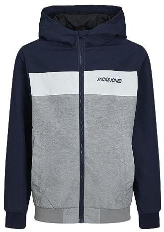 JACK & JONES Jjerush Blocking Hood Bomber Sn Jr Garçon Jacket, marine - gris - blanc, 140