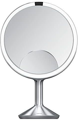 simplehuman ST3050 25cm Sensor Mirror Trio Max with Touch-Control Brightness, Light Up Makeup Magnifying Mirror, 10x, 5x, 1x Magnification, LED, Dual Light, Mains Powered, Brushed Stainless Steel