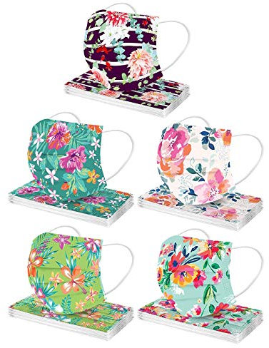AMDOLE 50 Stück Erwachsene Mundschutz Einweg Bunt Blumenmotiv Mund und Nasenschutz Maske Einmal MNS Mund-Tuch mit Motiv Atmungsaktiv Staubdicht Bandana Tücher Gesichtsschutz Multifunktionstuch
