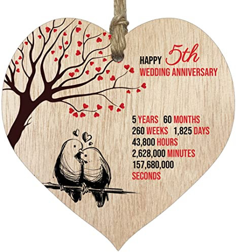 5th Wedding Anniversary Wooden Heart Plaque, Light Wood Sign Keepsake, Celebrate Wooden Anniversary Wife Husband Boyfriend Girlfriend, Plaque with Quotes Gifts from the Kids