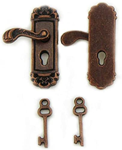 2 x Delicate Dollhouse Miniature Door Lock Fancy Mini Doll House Door Buttons Vivid Toy Model with Long Door Handle Bronze (1 Pair)