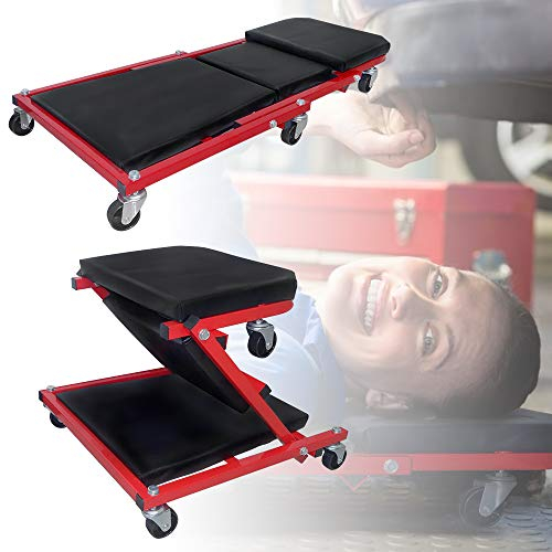 TRMLBE Rollbrett Werkstatt Zubehör 2 in1 Klappbar Werkstatthocker Rollbretter mit Weichem Kissen & Universal-Rad Werkstattliege MAX. bis 150kg Montagerollbrett, 92x44x12cm