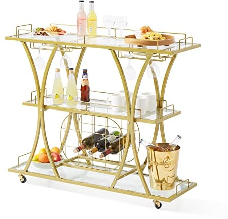 VEVOR Carrello Bar 3 Ripiani 111 x 35 x 93 cm Carrello di Servizio in Acciaio Vetro Temperato Portata Max. 82 kg Circa Carrello di Servizio con Portabottiglie Portabicchieri per Feste Eventi Buffet