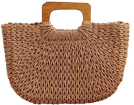 KAISHIN Neue Holzgriff Strandtasche Einfache Solide Einkaufstasche Sommer Große Strohtasche, braun, Width 36cm(14.1 inches), Height 24cm(9.4 inches), Handle 6cm(2.4 inches)