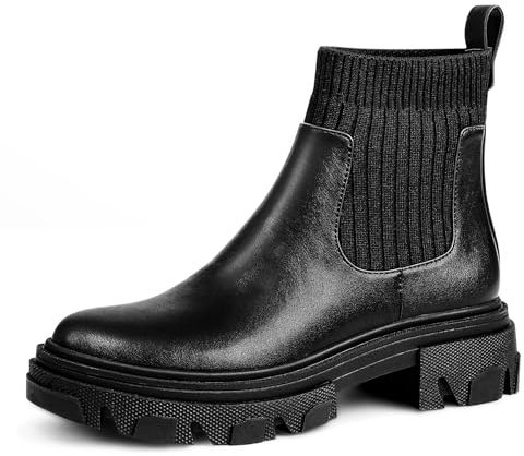 PIZZ ANNU Chelsea Boots Donna Comodi Stivali con Tacco Basso Invernali Biker Stivaletti Casual Eleganti Plateau Nero EU 36