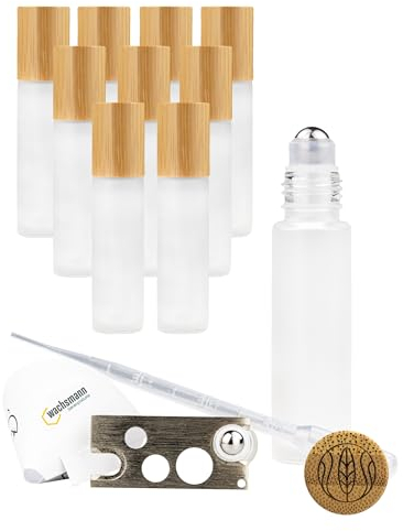 Roll on Flasche leer für ätherische Öle, 10 nachfüllbare matte Glasfläschchen mit Edelstahl Roller und Bambusdeckel 10 ml - Set