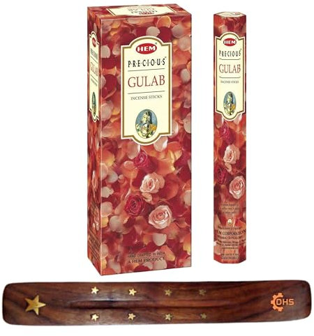 HEM Räucherstäbchen Precious Gulab, volle Box mit 6 Stück mit DHS Räucherstäbchenhalter für Yoga, Meditation, Heilung, Spiritualität, Aromatherapie, Weihrauch-Spa und Entspannung
