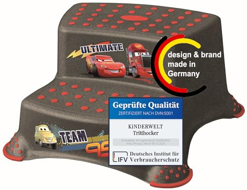 KiNDERWELT Premium zweistufiger Tritthocker für Kinder und Babys, Cars Design in Braun Metallic, Tritthocker 2 Stufen für Kleinkinder ab 3 Jahren, abwischbar, rutschfest und BPA-frei
